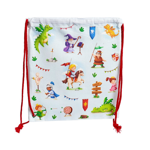 Front view of a white canvas drawstring bag with red drawstrings, displaying a colourful print of knights, dragons, a wizard, and a princess.
