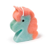 Profile view of a unicorn soap sponge with an aqua head, coral mane and horn, a black eye, and a white hanging loop.
