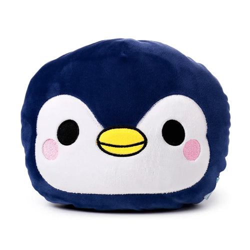 Front view of a dark blue and white penguin plush toy, featuring black eyes, a yellow beak, and pink cheeks.