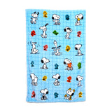 Full view of a light blue plush travel blanket with a subtle grid pattern, featuring multiple Peanuts Snoopy characters in various poses and colourful Woodstock figures.