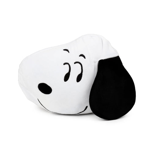 Angled view of a white Snoopy plush toy head with black embroidered facial features and one black floppy ear.