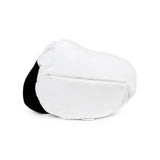 Angled view of the 2-in-1 white and black Snoopy plush toy, in its folded form with a visible central zip.
