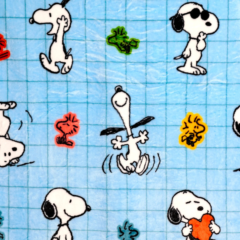 Close-up of a blue plush blanket featuring a grid pattern and multiple cartoon Peanuts Snoopy and Woodstock characters. Snoopy is shown jumping, wearing sunglasses, and holding a red heart, with Woodstock in green, orange, and yellow.