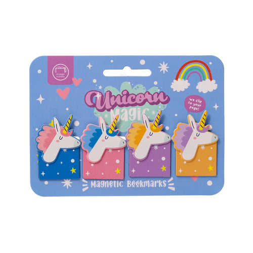 Front view of four magnetic unicorn bookmarks, each with a white head, yellow horn, and a pink, blue, orange, or purple mane. They are presented on a light blue backing card featuring 'Unicorn Magic' text, a rainbow, and star designs.