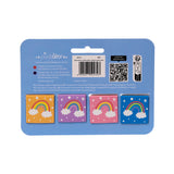 Back view of the retail packaging for a set of four magnetic bookmarks, showing rainbow, cloud, and star designs on orange, purple, pink, and blue backgrounds. The blue cardboard packaging includes a barcode and multi-language product details.
