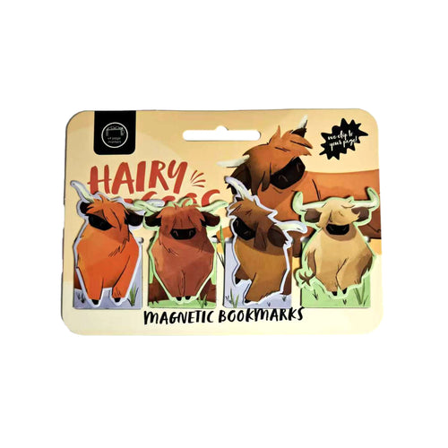 Front view of a magnetic bookmark set featuring four distinct Hairy Coo illustrations, presented on light yellow retail packaging. The packaging includes the text 'Hairy' and 'Magnetic Bookmarks', and specifies 'x4 page markers'.