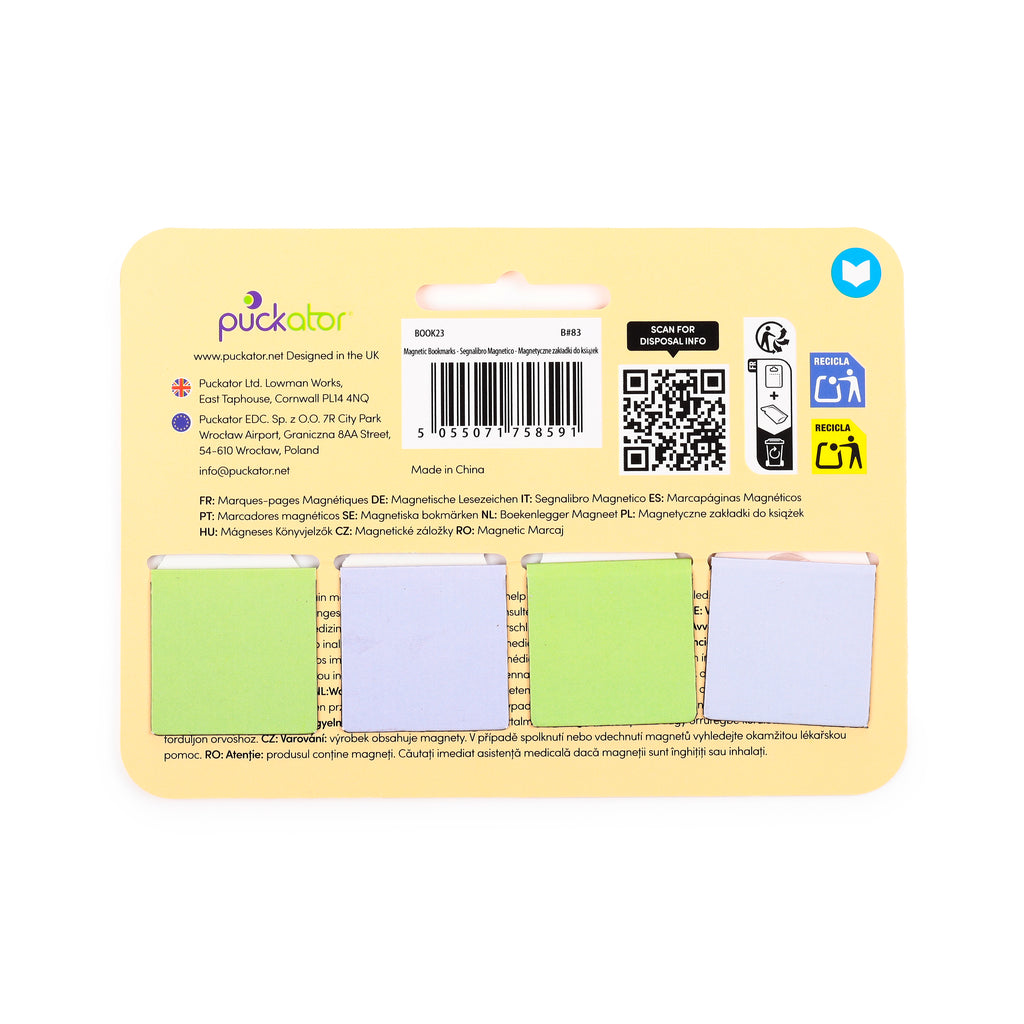 Back view of light cream-coloured packaging for a magnetic bookmark set, displaying barcodes, recycling symbols, and product information in various languages, with glimpses of green and light blue bookmark backs.