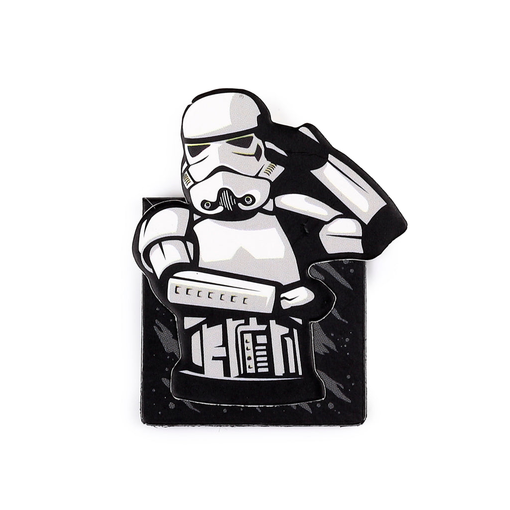 Shaped magnetic bookmark depicting a white, grey, and black Stormtrooper from the chest up in a saluting pose, with a dark speckled base.