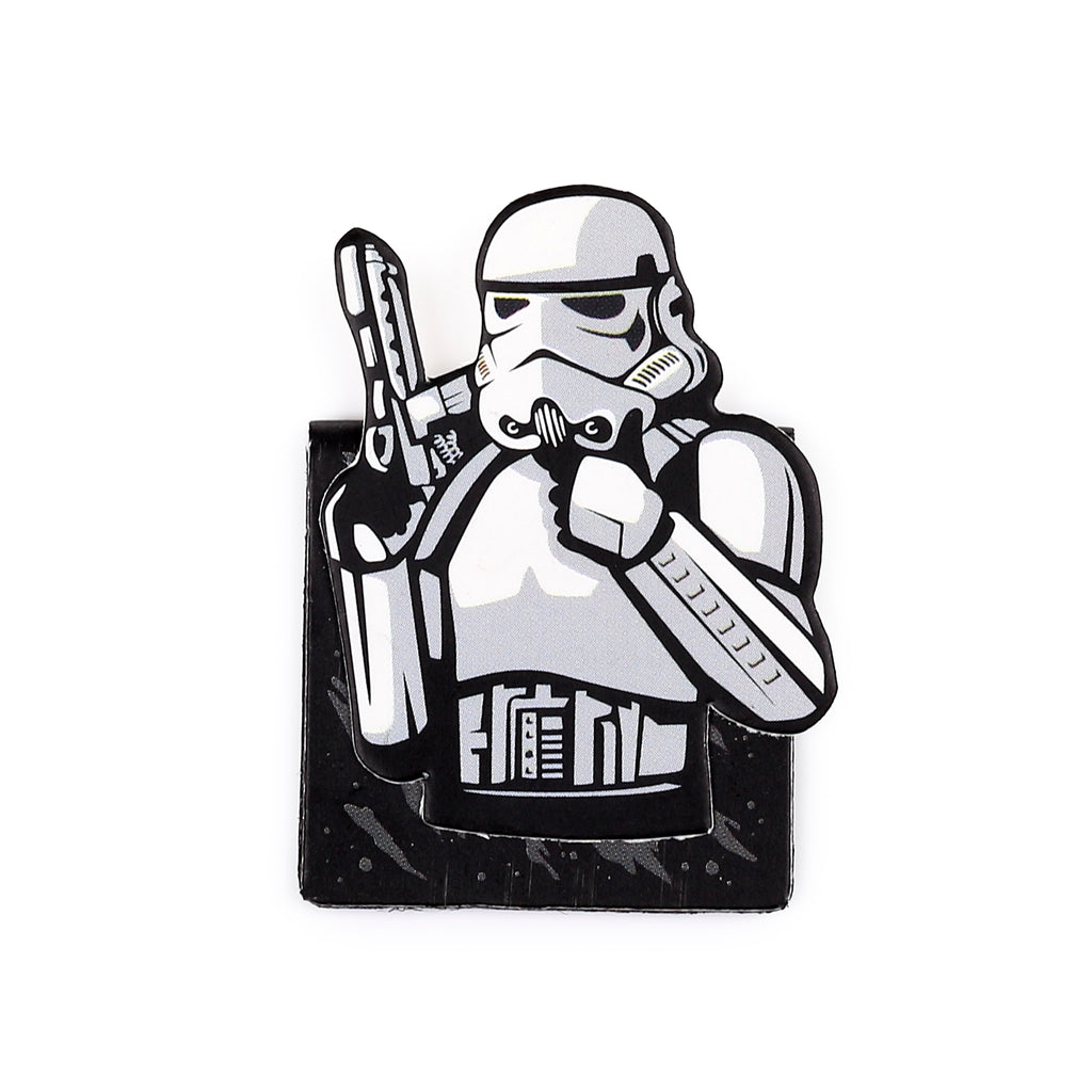 Front view of a magnetic bookmark shaped like a Stormtrooper holding a blaster rifle, in white, black, and grey.