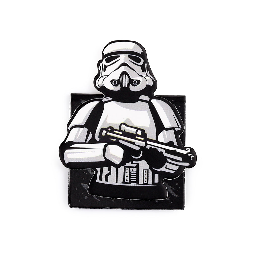 Front view of a magnetic shaped bookmark depicting a Stormtrooper in white and black armour, holding a blaster rifle.