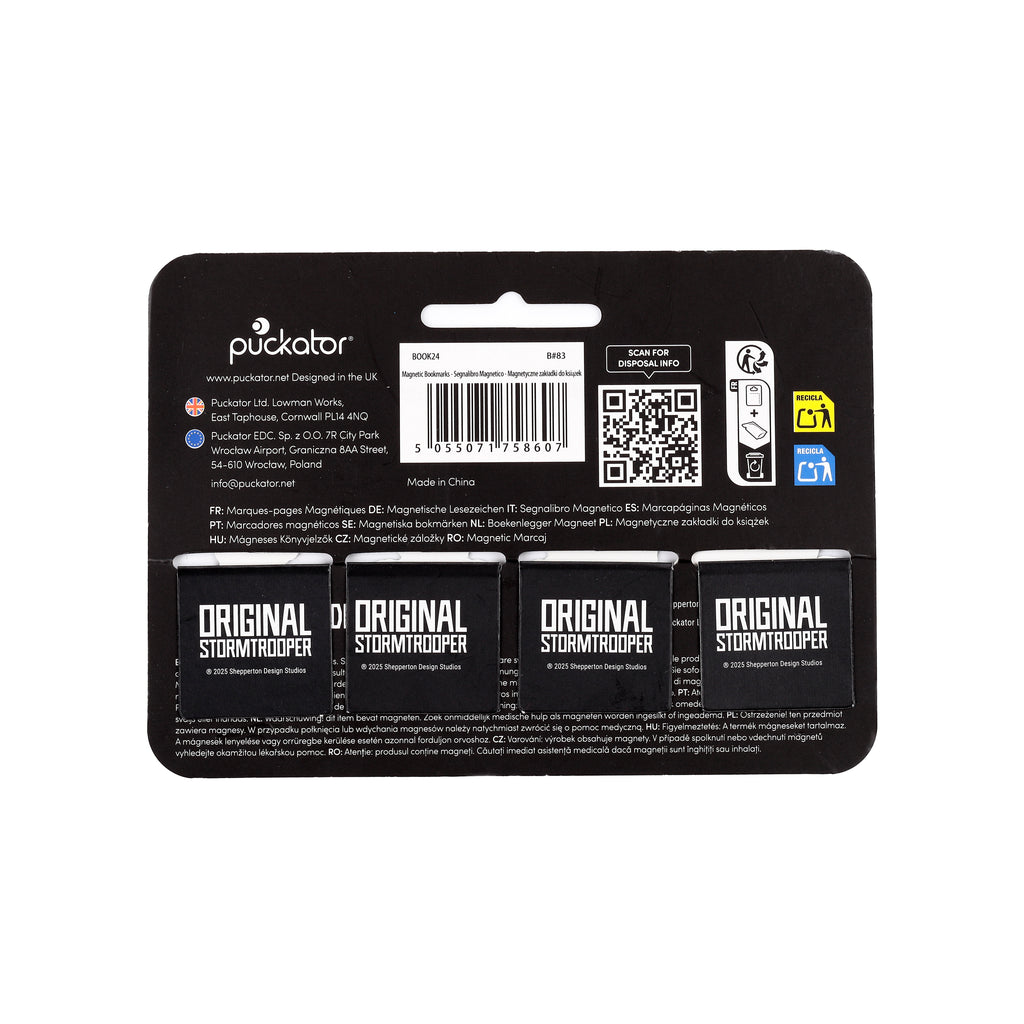 Back view of black magnetic bookmark set packaging, displaying multiple 'ORIGINAL STORMTROOPER' bookmarks. The packaging shows product information, a barcode, and recycling symbols on a white background.