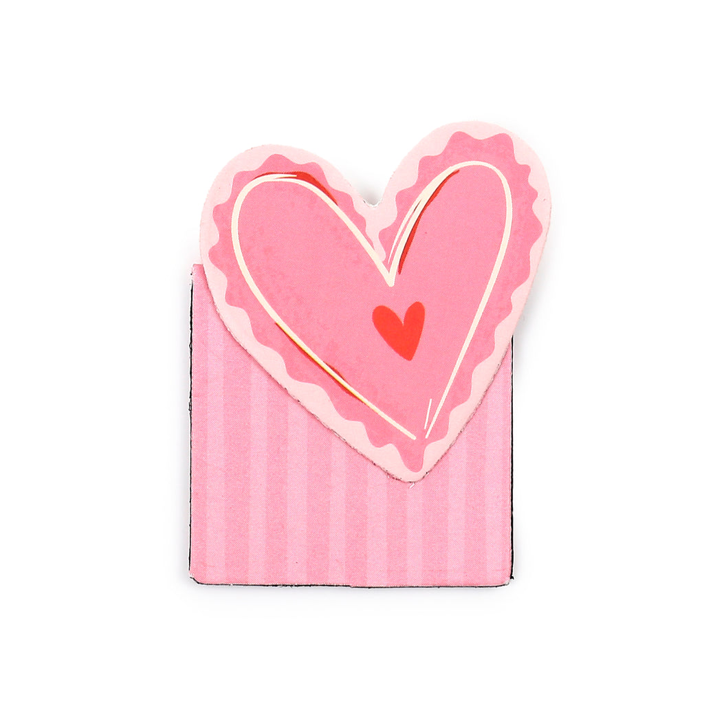 Pink heart magnetic bookmark, front view, with a striped base and a small red heart.