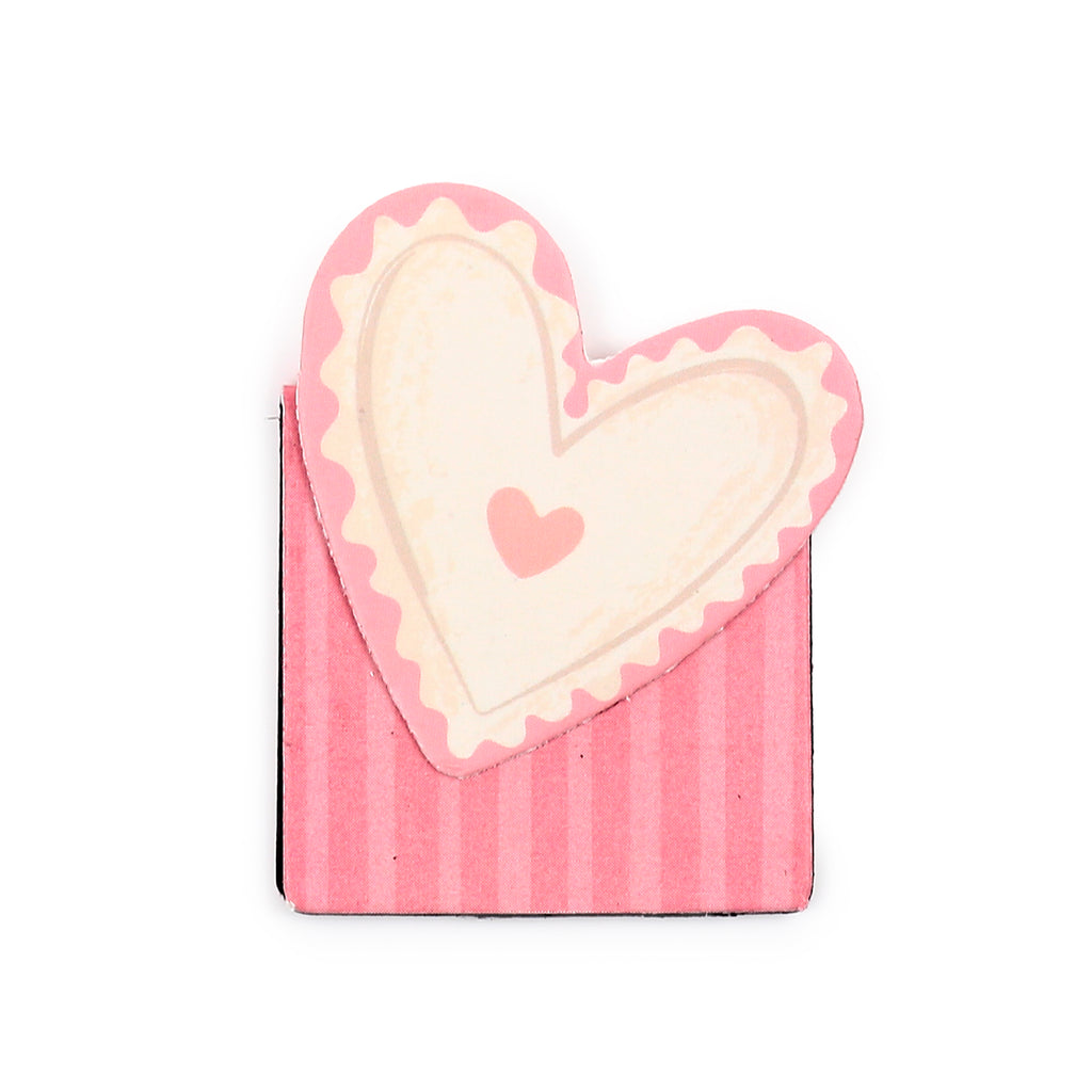 Magnetic bookmark with a layered pink and cream heart design, a scalloped edge, a small central pink heart, and a striped pink base, on a white background.