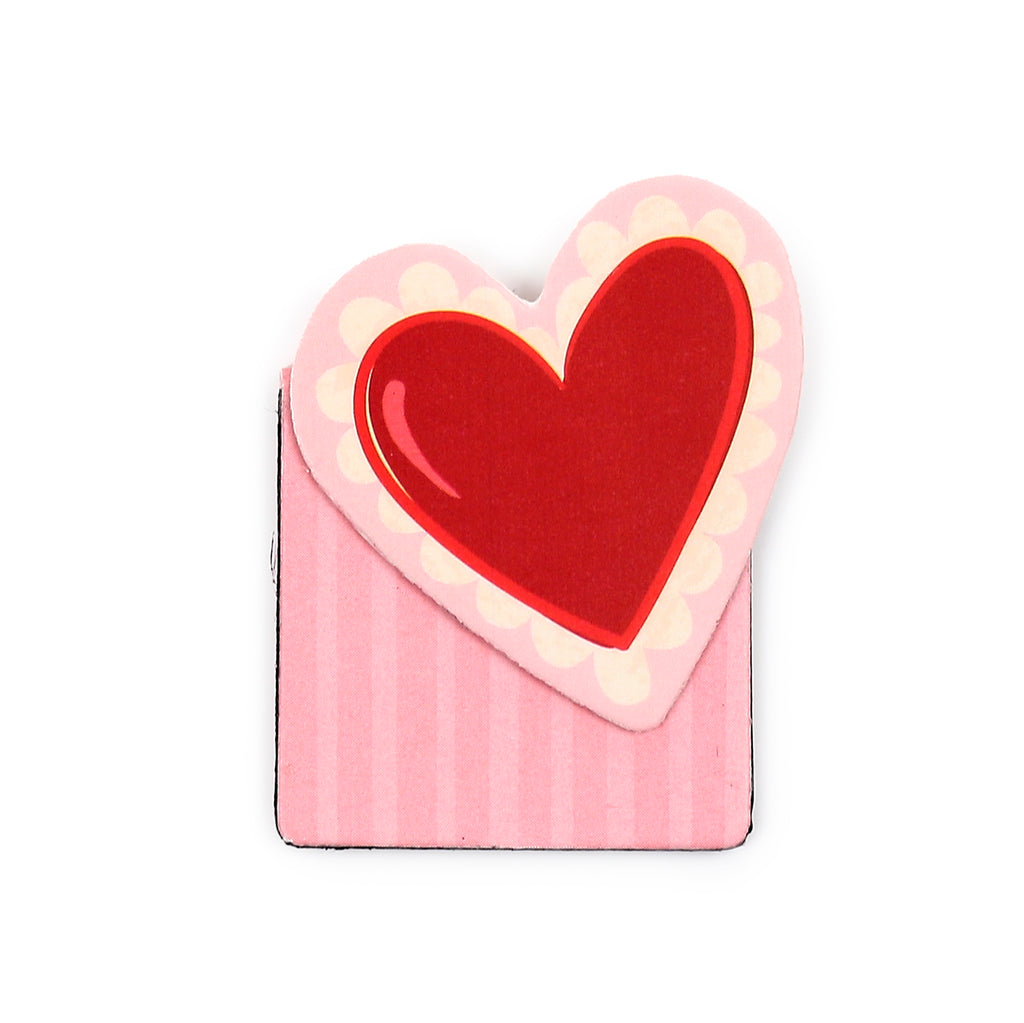 Front view of a magnetic bookmark with a red heart design, a pink scalloped edge with cream dots, and a light pink striped base.