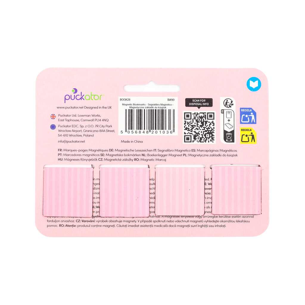 Back view of light pink product packaging for a magnetic bookmark set, featuring a barcode, product information, recycling symbols, and three rectangular pink striped magnetic bookmarks.