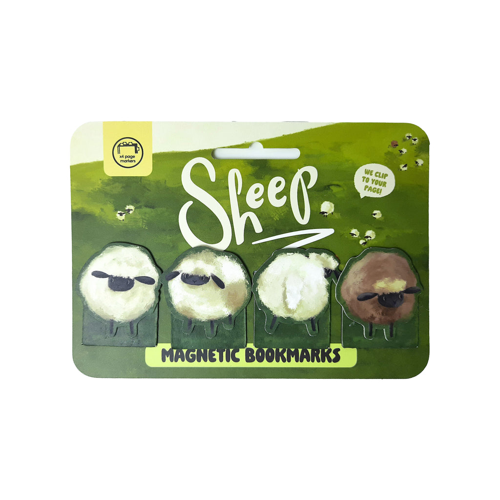 Front view of a Magnetic Bookmark Set - Sheep, featuring four sheep-shaped magnetic bookmarks – three white and one brown – presented on green and white hill-themed packaging with 'Sheep' text.