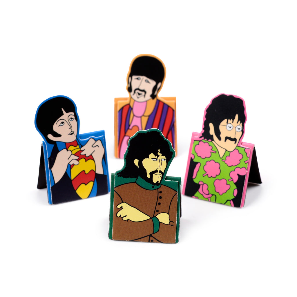 Set of four vibrant magnetic bookmarks, depicting cartoon versions of The Beatles from the Yellow Submarine film, arranged at an angle on a white background.
