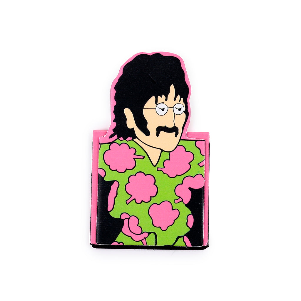 Front view of a magnetic bookmark illustrating John Lennon from Yellow Submarine, featuring his black hair, moustache, and round glasses, wearing a green shirt with pink cloud patterns, and outlined in pink.
