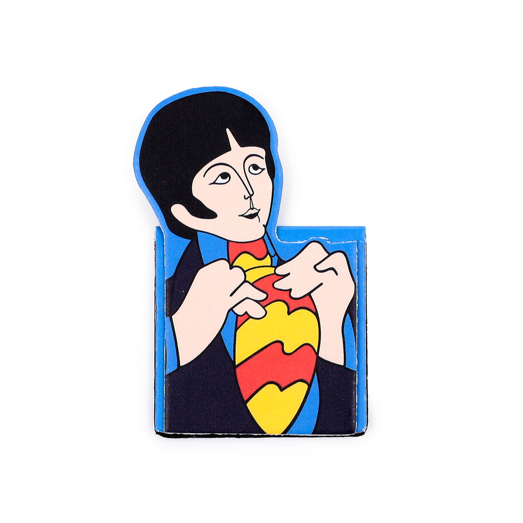 Front view of a The Beatles Yellow Submarine magnetic bookmark, featuring a stylised John Lennon with black hair, dark suit, and a vibrant red and yellow wavy tie.