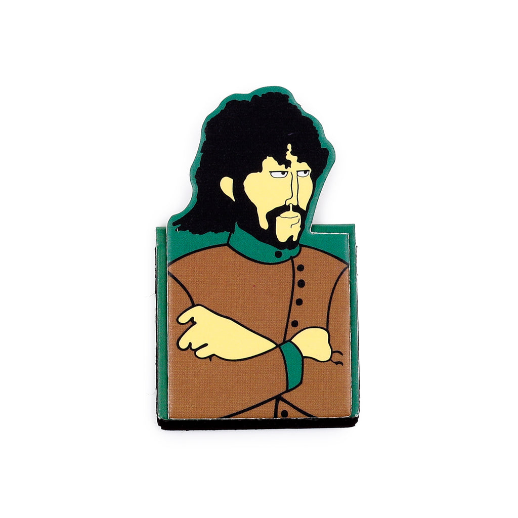 Front view of a magnetic bookmark depicting an animated George Harrison from The Beatles Yellow Submarine, with black hair and beard, wearing a brown tunic with green collar and cuffs, and his arms crossed.