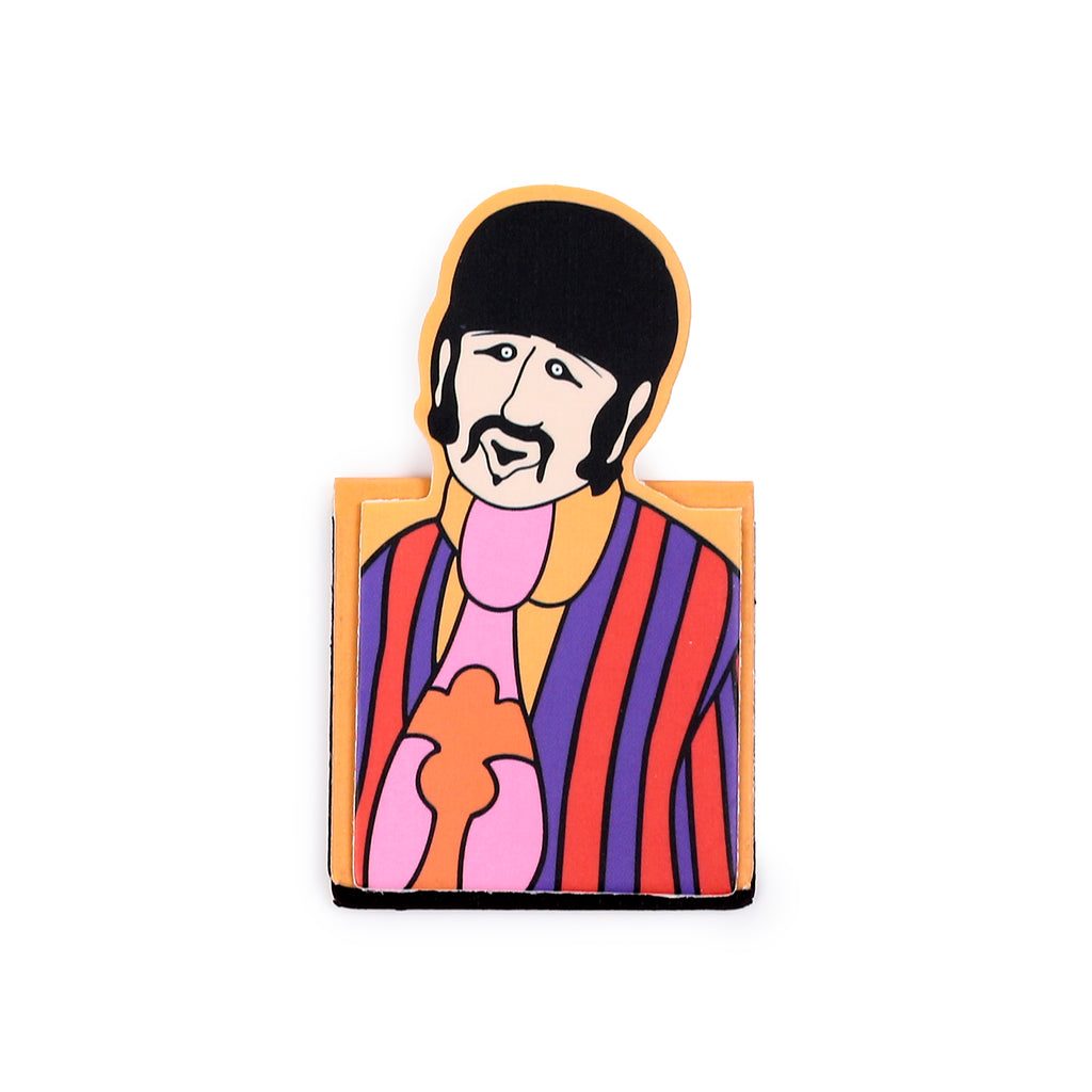 Front view of a magnetic bookmark depicting Ringo Starr in Yellow Submarine style, with black hair, moustache, and a colourful striped jacket.