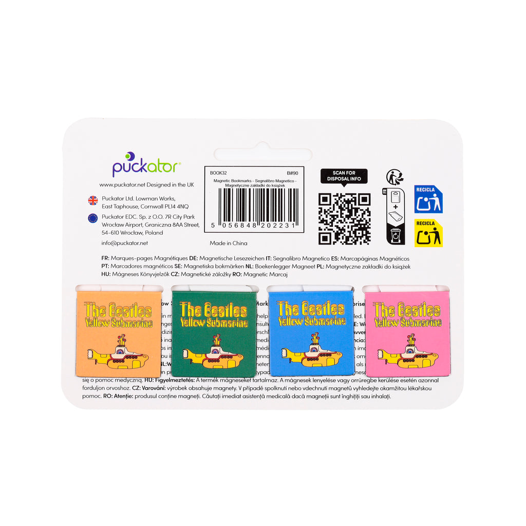Front view of a set of four The Beatles Yellow Submarine magnetic bookmarks displayed in their packaging, each featuring a yellow submarine design on individual orange, green, blue, and pink coloured backgrounds.