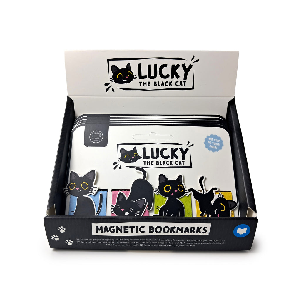 Angled view of a magnetic bookmark set featuring assorted black cat designs on colourful backgrounds, presented in an open display box.