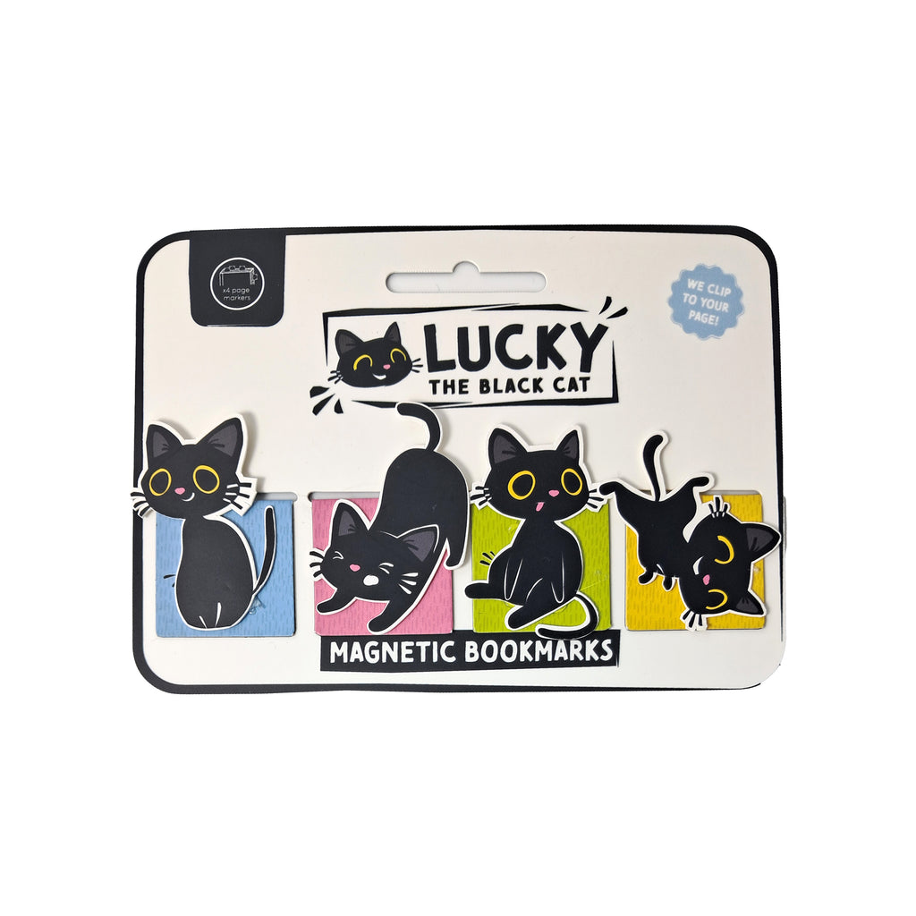 Front view of a 'Lucky the Black Cat' magnetic bookmark set, featuring four stylised black cat designs on individual colourful blue, pink, lime green, and yellow backgrounds, presented on a white retail display card.
