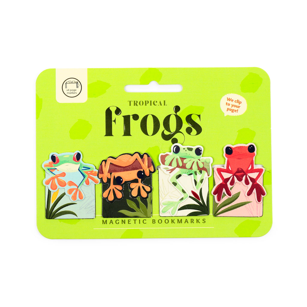 Front view of a Tropical Frogs Magnetic Bookmark Set on a lime green backing card, featuring four colourful frog designs: green, orange, light green, and red, each with tropical plant illustrations. The packaging states 'x4 page markers' and 'We clip to your page!'.