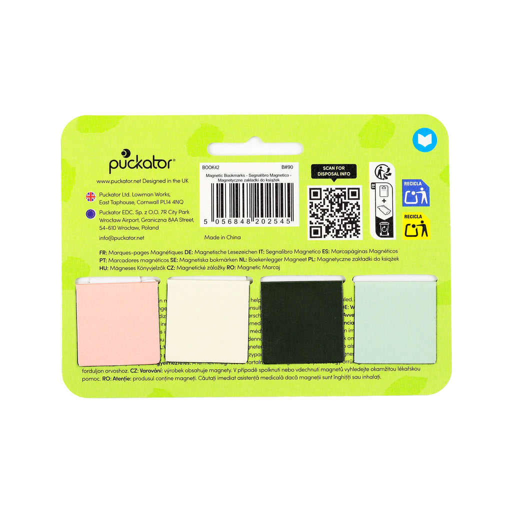 Back view of a magnetic bookmark set packaging, featuring a barcode, recycling symbols, and the plain reverse side of three magnetic bookmarks in light peach, dark grey, and light mint green colours.