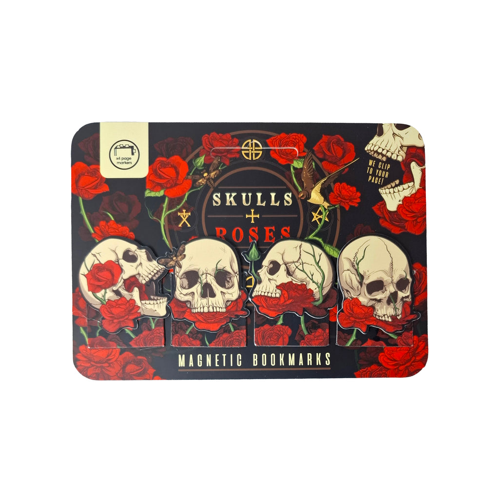 Front view of a magnetic bookmark set, with four cream-coloured skull and red rose designs, on a black backing card. The card features more red roses and displays 'Skulls + Roses' and 'Magnetic Bookmarks' in gold lettering.