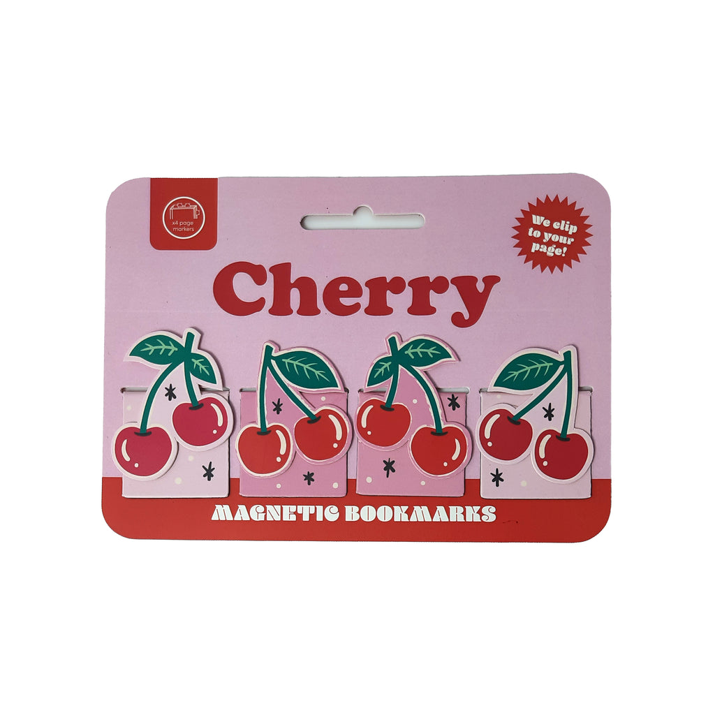 Front view of a set of four red cherry-shaped magnetic bookmarks on a light pink and red retail backing card, featuring 'Cherry Magnetic Bookmarks' text.