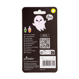 Front view of dark bottle opener packaging card with a white ghost graphic saying 'Boo!', a green potion bottle with a bat, and an orange potion bottle with a skull. The card has a hanger tab, multilingual text, and a barcode.