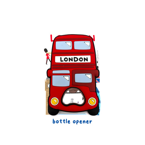 Front view of a red PVC London double-decker bus bottle opener, displaying 'LONDON' text on the front, with subtle graphics of Big Ben and a Queen's Guard to the sides.
