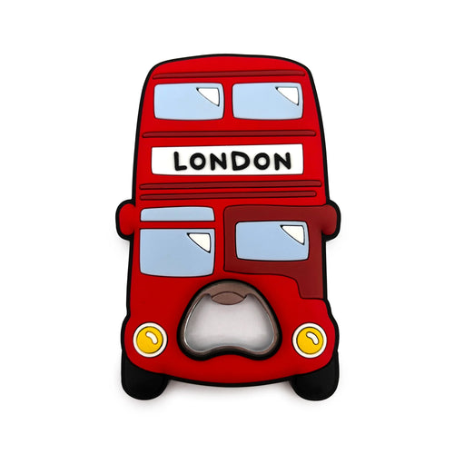 Front view of a red PVC London bus bottle opener, featuring a white 'LONDON' sign, yellow headlights, and a metallic opener.