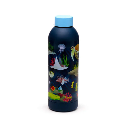 Angled view of a navy blue insulated drinks bottle with a light blue cap, featuring a colourful marine kingdom design with sea creatures and coral.