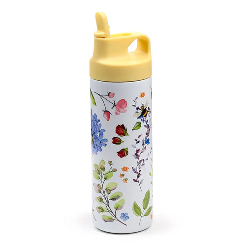 Angled view of a white reusable insulated drinks bottle featuring a vibrant floral and bee pattern. It has a yellow flip-top lid with an integrated handle and an open spout.