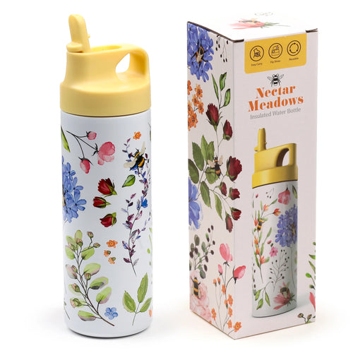 White reusable insulated drinks bottle with a yellow flip-top lid and integrated handle, adorned with a colourful floral and bee design, shown next to its coordinating product box.