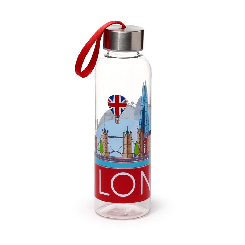 Angled view of a clear reusable water bottle with a metallic lid and red loop, featuring a colourful London icons panorama including Tower Bridge, The Shard, and a red band with 'LON' text.