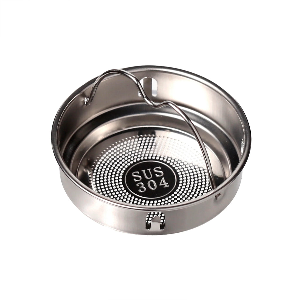 Angled view of a reusable insulated drinks bottle's stainless steel filter insert, featuring a perforated base, metallic wire handle, and 'SUS 304' embossed text.