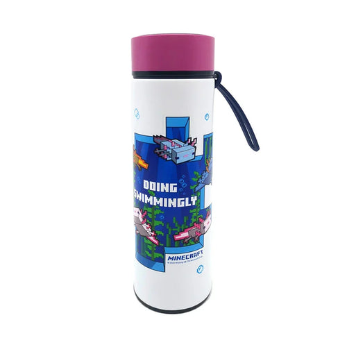 Angled view of a white insulated drinks bottle with a magenta lid and dark blue strap, featuring a pixelated Minecraft Axolotl design and 'DOING SWIMMINGLY' text.