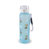 Angled view of a 600ml light blue frosted shatterproof water bottle, featuring a white and clear pop-top lid and a grey and white strap. The bottle is decorated with Pusheen the Cat holding colourful balloons and white cloud designs.
