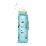 Angled view of a frosted blue pop-top water bottle, featuring Pusheen the Cat holding pink, yellow, and blue balloons, and white clouds. It has a white lid with an open clear spout cover.