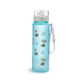 Straight-on shot of a light blue pop top water bottle with a white lid, patterned with grey cartoon cats holding pink, yellow, and green balloons, alongside light blue clouds. A white carry strap is attached to the right side.