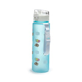 Angled view of a 600ml shatterproof, translucent light blue water bottle, featuring a white pop-top lid and a white carry strap. The bottle is decorated with cartoon grey cats holding colourful balloons and light blue cloud designs.