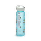 Angled view of a 600ml translucent blue shatterproof pop-top water bottle with a white lid and white fabric strap. It features a design of Pusheen the Cat holding colourful balloons and white clouds.