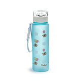Front view of a light blue translucent pop-top water bottle with a white lid, featuring Pusheen the Cat holding colourful balloons, and a light blue strap.