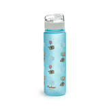 Front view of a frosted blue water bottle with a white pop top lid and clear spout, featuring cartoon Pusheen cats floating with pink, yellow, green, and light blue balloons, alongside light blue clouds and the 'Pusheen' wordmark.
