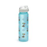 Front view of a 600ml translucent blue pop top water bottle, featuring a pattern of Pusheen the Cat floating with colourful balloons and light blue clouds.