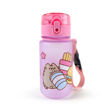 Front view of a frosted purple children's water bottle with a pink pop-top lid and carry strap. It features a cartoon graphic of a grey cat drinking from a striped cup, next to fries and a burger.
